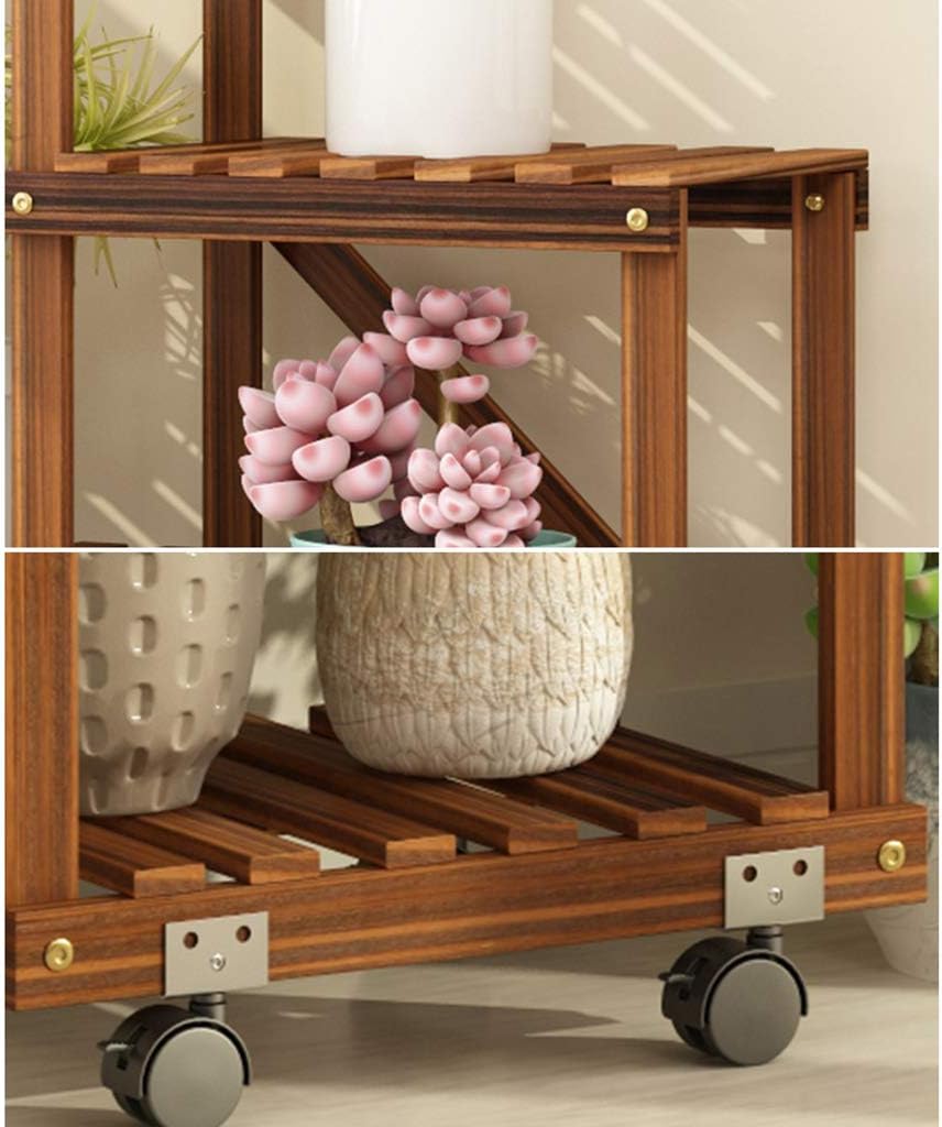 Storage Shelves Flower Pot Holder Wooden Shelving Plant Display Stand Carbonized Potted Rack 5 Tier with Wheels Floor Shelf for Indoor Outdoor Garden Decoration - Image 4