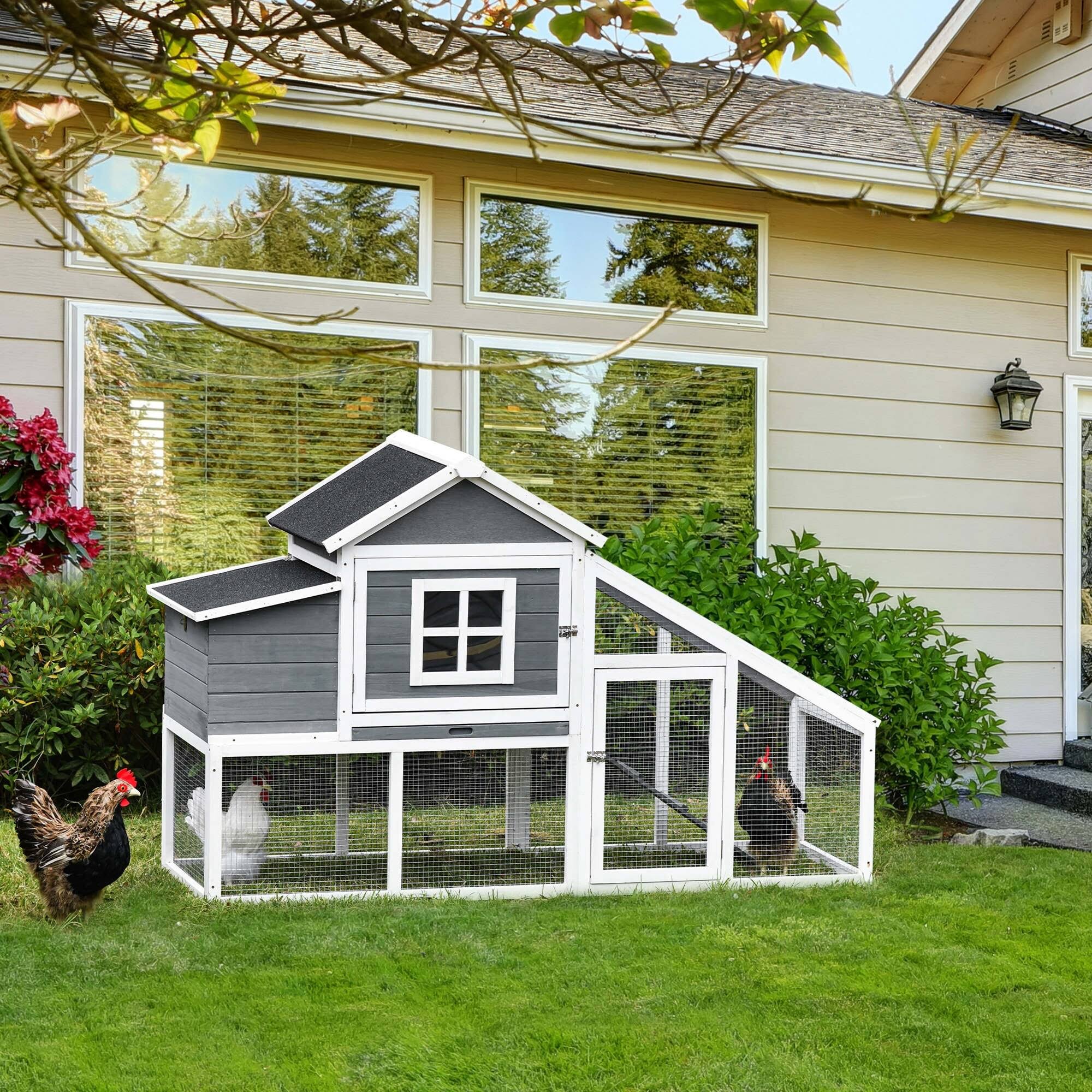 PawHut 69×22 Outdoor Wooden Chicken Coop Hen House with Nesting Box and Run – White - Image 2
