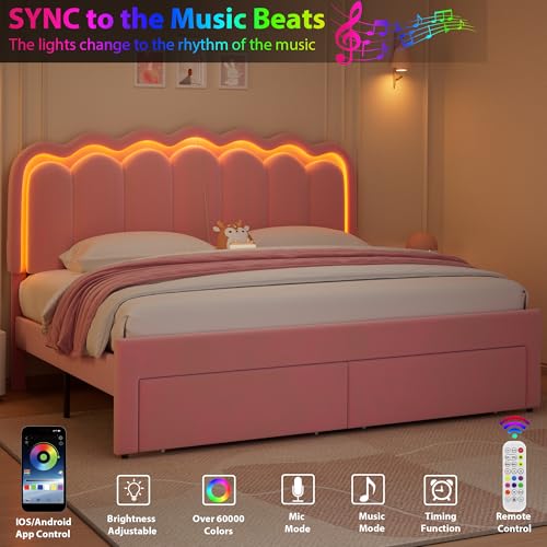 Twin Upholstered LED Bed Frame with Storage Drawer and Adjustable Chic Double Wavy Headboard, Velvet Princess Platform Bed for Kids/Girls, Solid Wood Slats Support, No Box Spring Needed, Beige - Image 36