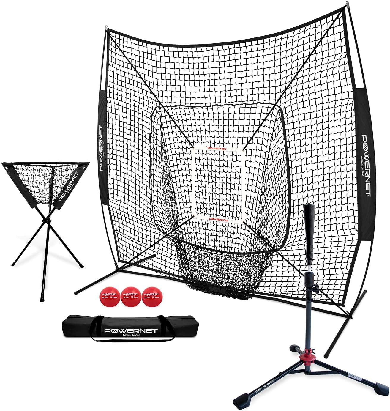 PowerNet 7×7 DLX Practice Net + Deluxe Tee + Ball Caddy + Weighted Balls + Strike Zone Bundle | Baseball Softball Training Equipment
