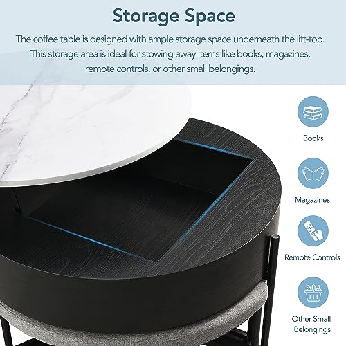 Linique Modern Round Lift-Top Coffee Table with Storage and 3 Ottoman, White + Black - Image 15