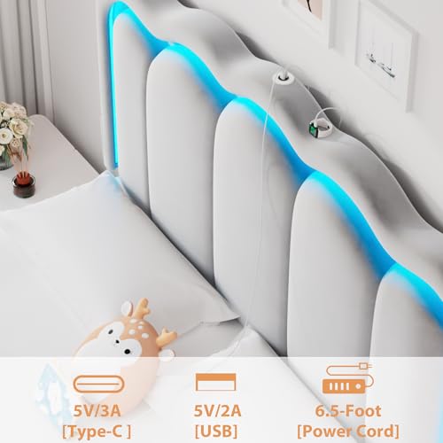 Twin Upholstered LED Bed Frame with Storage Drawer and Adjustable Chic Double Wavy Headboard, Velvet Princess Platform Bed for Kids/Girls, Solid Wood Slats Support, No Box Spring Needed, Beige - Image 23