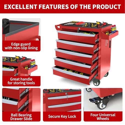 Rolling Tool Chest, Metal Tool Box with 5 Drawers, Lockable Garage Storage Cabinets Sliding Tool Drawer Cart on Wheels Toolbox Organization Workbench for Workshop Warehouse Repair Shop - Image 26