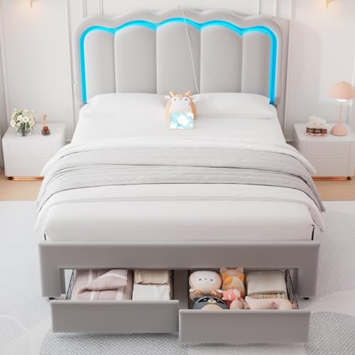 Twin Upholstered LED Bed Frame with Storage Drawer and Adjustable Chic Double Wavy Headboard, Velvet Princess Platform Bed for Kids/Girls, Solid Wood Slats Support, No Box Spring Needed, Beige - Image 19