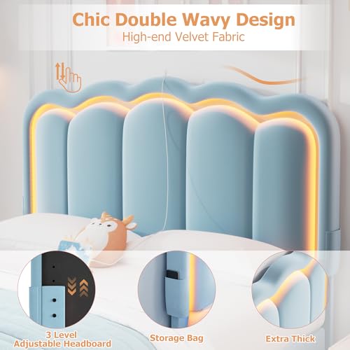 Twin Upholstered LED Bed Frame with Storage Drawer and Adjustable Chic Double Wavy Headboard, Velvet Princess Platform Bed for Kids/Girls, Solid Wood Slats Support, No Box Spring Needed, Beige - Image 44