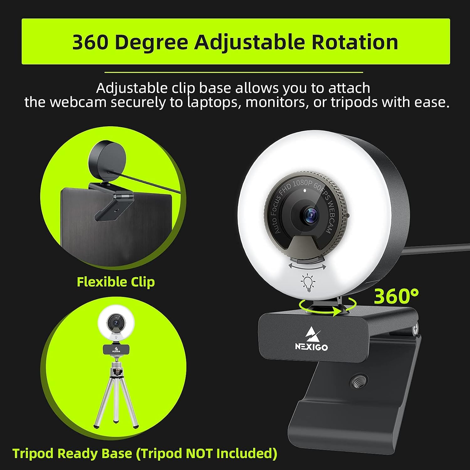 NexiGo N960E 1080P 60FPS Webcam with Light, Software Included, Fast AutoFocus, Built-in Privacy Cover, USB Web Camera, Dual Stereo Microphone, for Zoom Meeting Skype Teams Twitch - Image 8