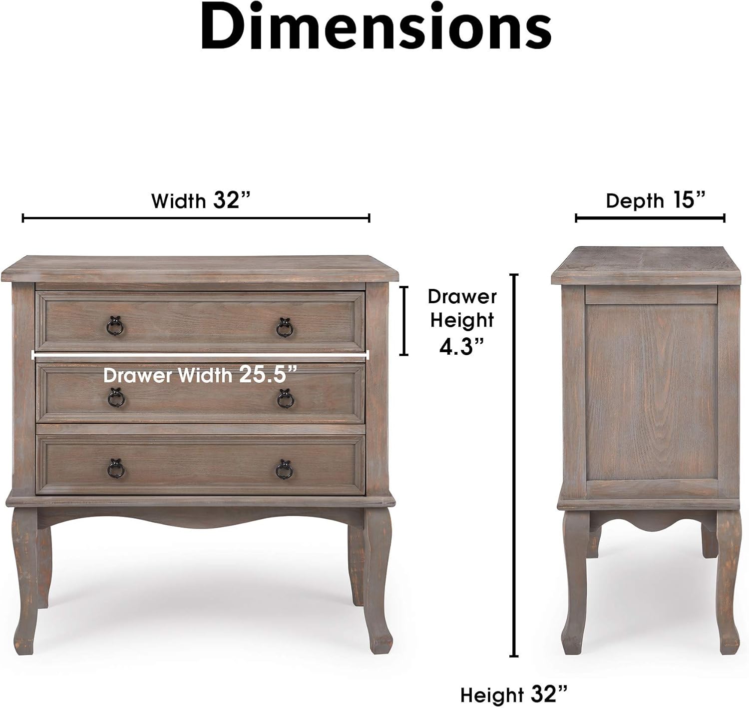 ClickDecor Thomas Antique Country Style Dresser Chest with 3 Drawers, Weathered Wood Nightstand Living Room Accent Furniture, Black Ring Handle, Curved Legs, Gray - Image 3