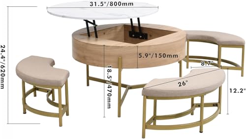 Linique Modern Round Lift-Top Coffee Table with Storage and 3 Ottoman, White + Black - Image 3