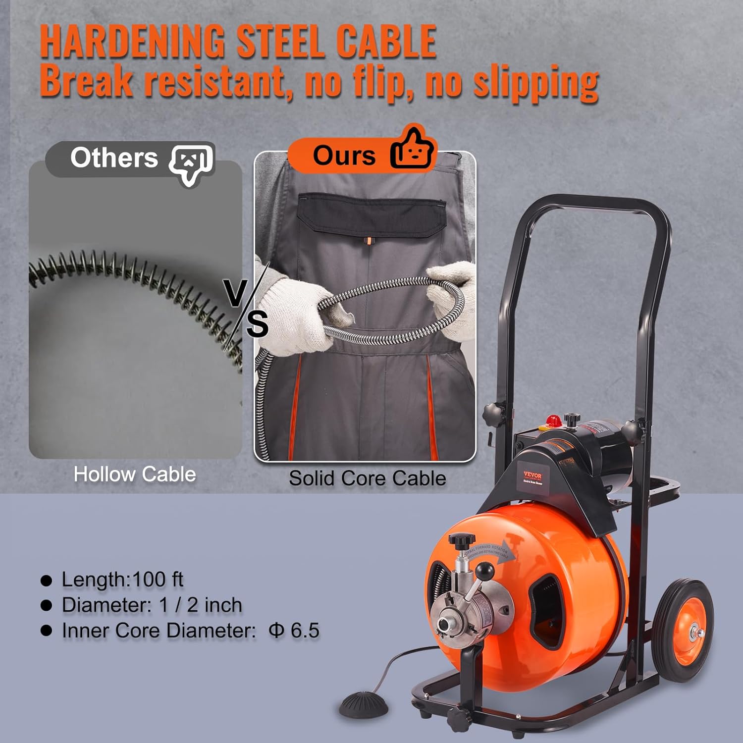 Drain Cleaner Machine 100FT x 1/2Inch, Auto Feed Sewer Snake Auger with 4 Cutter & Air-activated Foot Switch for 1 to 4 Pipes, Orange, Black - Image 3