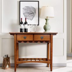 Alternative view of Mission Wine Stand with Glass and Bottle Storage, Two Drawer, for Buffet, Dining, Living Room, Kitchen, Wine Stand and Bar Table, holds 12 glasses and 7 bottles (more when stacked)