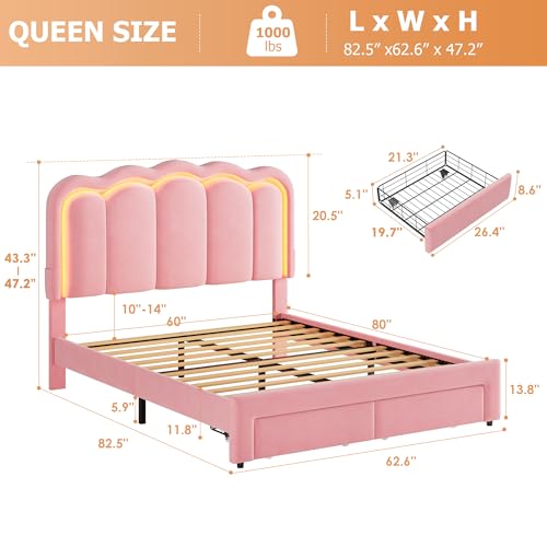 Twin Upholstered LED Bed Frame with Storage Drawer and Adjustable Chic Double Wavy Headboard, Velvet Princess Platform Bed for Kids/Girls, Solid Wood Slats Support, No Box Spring Needed, Beige - Image 25
