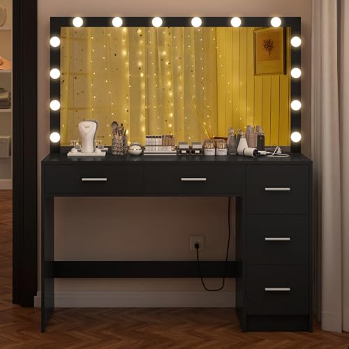 Makeup Vanity Desk with Mirror, 10 Lights, 5 Drawers, 3 Storage Shelves, 3 Color Modes & Adjustable Brightness Dressing Table, 35.4?? Desk, Black - Image 27