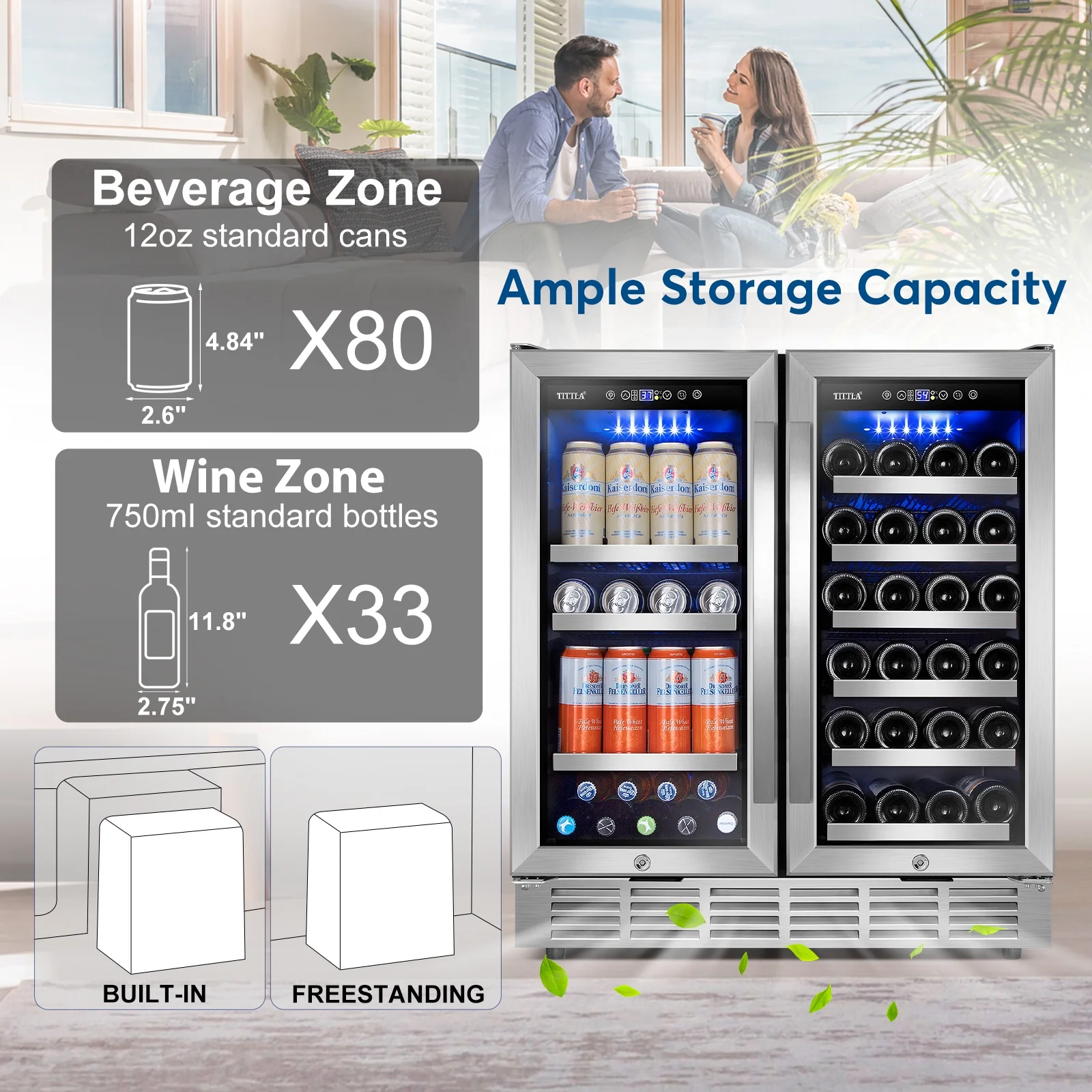 Tittla 30 Inch Wine Fridge, Dual Zone Wine and Beverage Refrigerator with 33 Bottle and 80 Can Wine Cooler Under Counter Freestanding - Image 2
