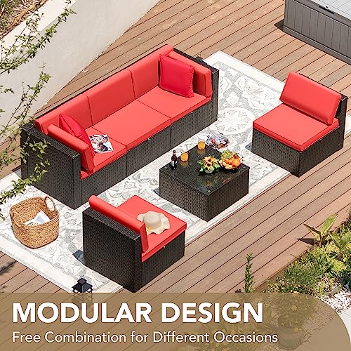 Devoko Patio Furniture Sets 6 Pieces Outdoor Sectional Rattan Sofa Manual Weaving Wicker Patio Conversation Set with Glass Table and Cushion (Beige) - Image 47