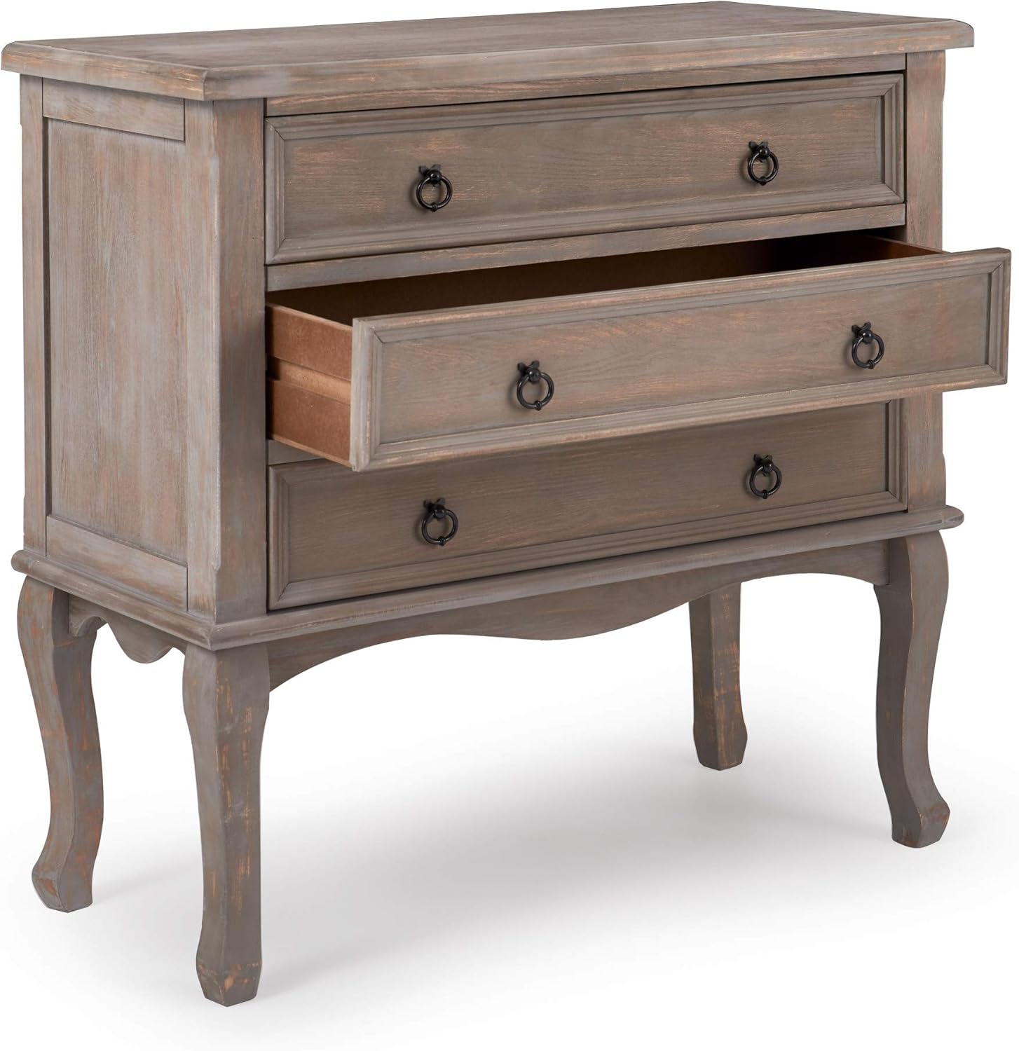 ClickDecor Thomas Antique Country Style Dresser Chest with 3 Drawers, Weathered Wood Nightstand Living Room Accent Furniture, Black Ring Handle, Curved Legs, Gray - Image 12