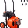 Drain Cleaner Machine 100FT x 1/2Inch, Auto Feed Sewer Snake Auger with 4 Cutter & Air-activated Foot Switch for 1 to 4 Pipes, Orange, Black
