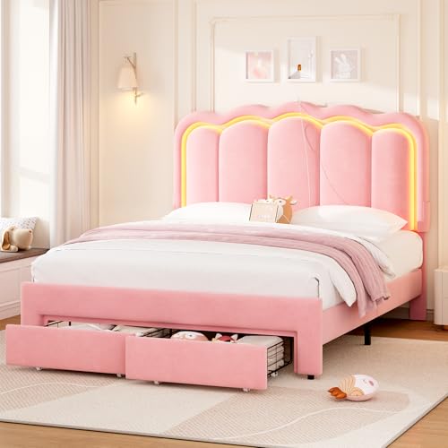 Twin Upholstered LED Bed Frame with Storage Drawer and Adjustable Chic Double Wavy Headboard, Velvet Princess Platform Bed for Kids/Girls, Solid Wood Slats Support, No Box Spring Needed, Beige - Image 15