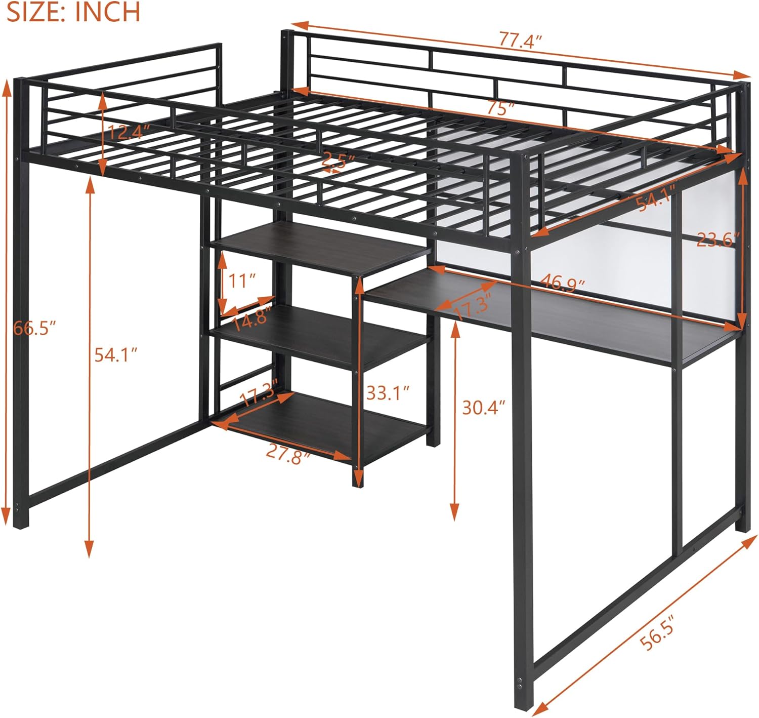 Full Size Metal Loft Bed with Desk, Whiteboard and 3-layer Shelves, Heavy Duty Loftbed w/Storage and Built-in Ladder, for Kids Teens Bedroom Dorm, Black - Image 2