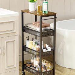 Alternative view of Utility Slim Storage Cart, 4 Tier Small Rolling Kitchen Laundry Room Cart with Wood Top, Metal Narrow Bathroom Storage Cabinet Mobile Shelf Unit Organizer Trolley with Handle for Narrow Space