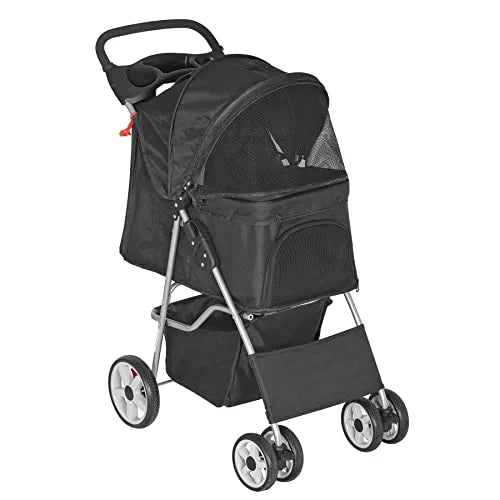 BBBuy 4 Wheels Foldable Pet Dog Cat Jogger Stroller Travel Carrier Strolling Cart w/Waterproof Cover Storage Basket Cup Holder & Removable Liner for Medium Small Cat Dog, Black - Image 5