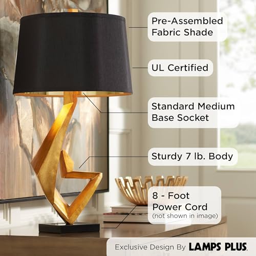 Possini Euro Design Zeus Mid Century Modern Glam Luxury Table Lamp 28.5 Tall Sculptural Gold Leaf Metal Black Fabric Tapered Drum Shade Decor for Living Room Bedroom House Bedside Nightstand Home - Image 3