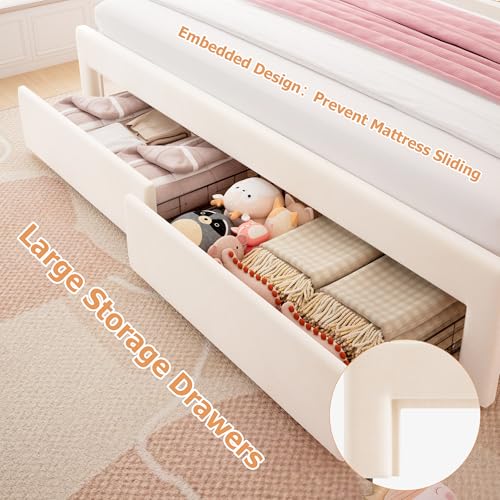 Twin Upholstered LED Bed Frame with Storage Drawer and Adjustable Chic Double Wavy Headboard, Velvet Princess Platform Bed for Kids/Girls, Solid Wood Slats Support, No Box Spring Needed, Beige - Image 81