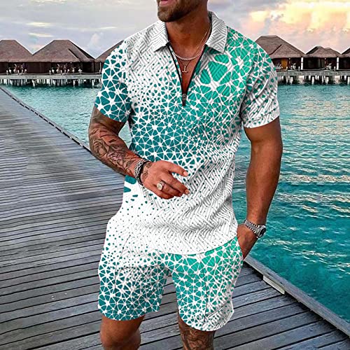 Mens Printed Outfits Zipper Short Sleeve Lapel Shirts Short 2 Piece Outfits Sets For Men Summer Beach Outfits Suits - Image 5