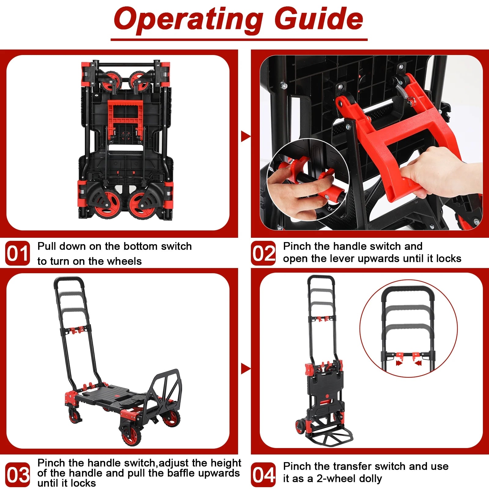 LAZY BUDDY Folding Hand Truck Dolly, 2-in-1 Heavy-duty Platform Cart with 22 Folding Basket, Collapsible Utility Luggage Dolly Cart, Red, 330LBS - Image 8