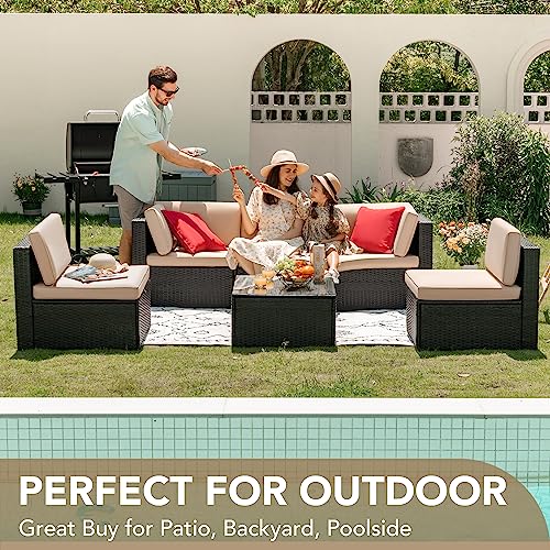 Devoko Patio Furniture Sets 6 Pieces Outdoor Sectional Rattan Sofa Manual Weaving Wicker Patio Conversation Set with Glass Table and Cushion (Beige) - Image 36