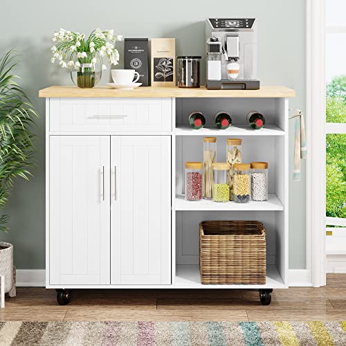 Shintenchi Kitchen Island Cart with Storage,Rolling Side Table on Wheels with Large Worktop, Cabinet,Towel Rack and Drawers for Kitchen,Dinning Room, White - Image 39