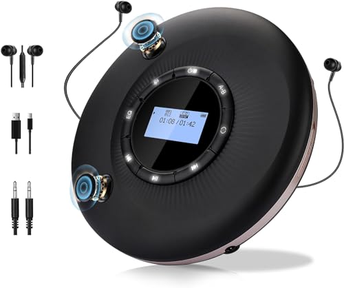 Portable CD Player with Bluetooth, CD Player Portable with Dual Speakers and Anti Shock Skip Protection Rechargeable CD Player Bluetooth for Car with LCD Display Headphone AUX Cable Walkman CD Player