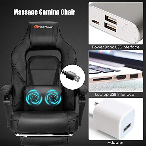 Goplus Massage Gaming Chair, Reclining Backrest, Seat Height Adjustment Racing Computer Office Chair with Footrest, Ergonomic High Back PU Swivel Game Chair (White) - Image 6