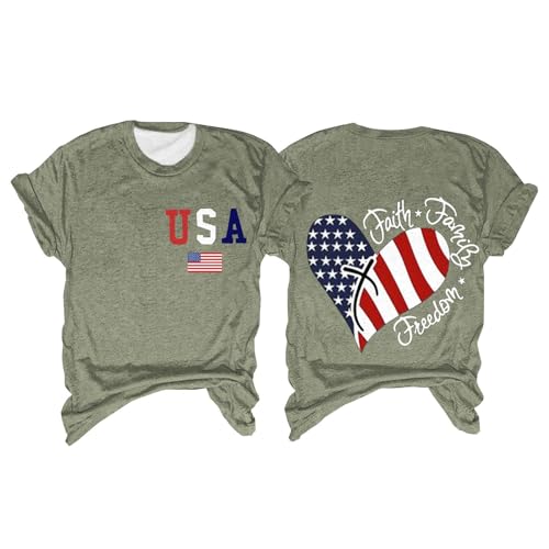 Womens USA Faith Family Freedom 4th of July Shirts Crew Neck Heart Flag Graphic Short Sleeve Tees Festival Gift