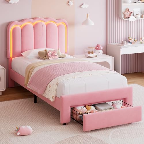 Twin Upholstered LED Bed Frame with Storage Drawer and Adjustable Chic Double Wavy Headboard, Velvet Princess Platform Bed for Kids/Girls, Solid Wood Slats Support, No Box Spring Needed, Beige - Image 85