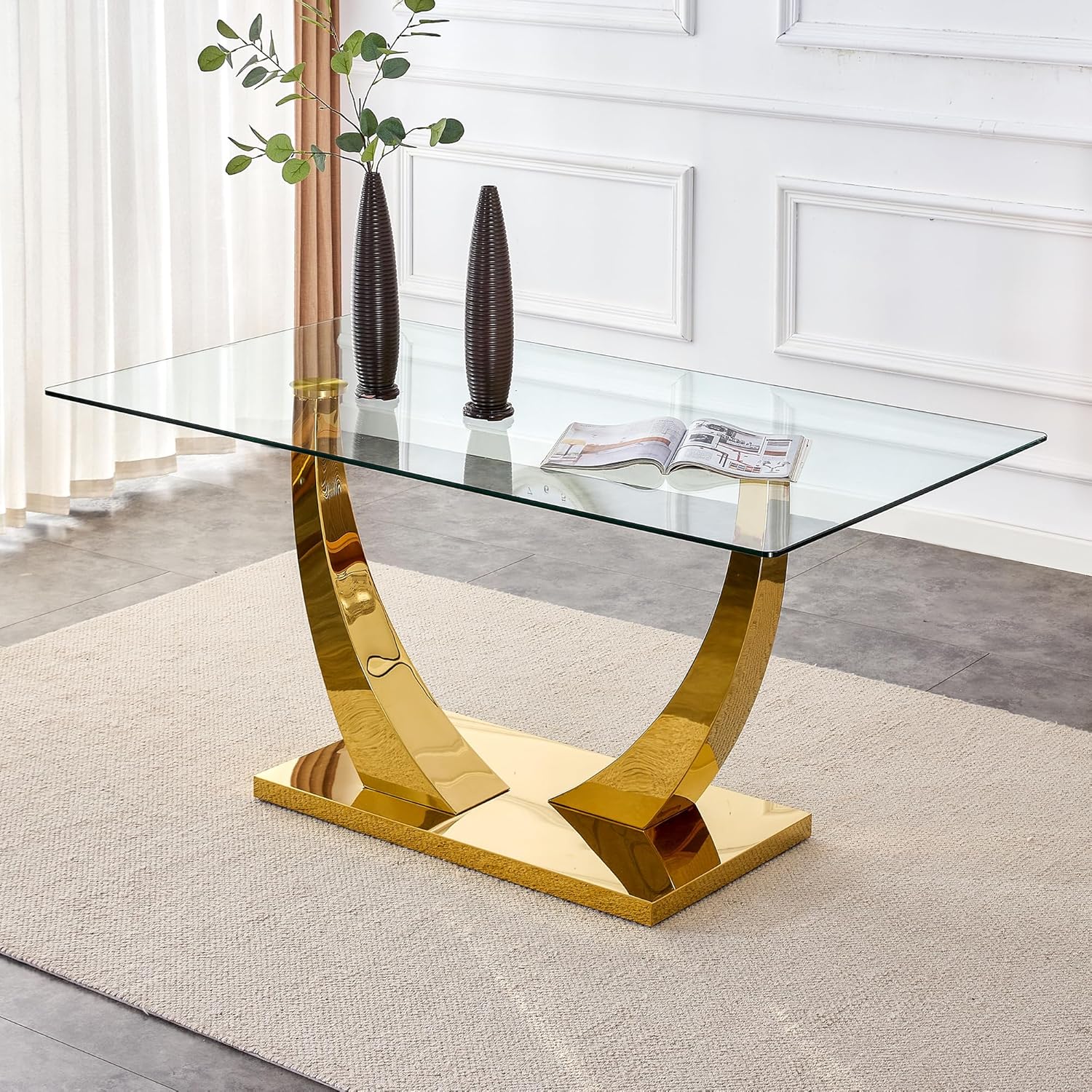HomVent Contemporary Glass Top Rectangular Kitchen Dining Table, 0.39 Clear Tempered Glass Top Kitchen Table with Stainless Steel Base, Home Office Kitchen Dining Room Table Furniture(C, Gold Base)