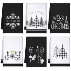 Geyoga 6 Pcs Merry Christmas Kitchen Towels Buffalo Plaid Xmas Tree Dish Towels Hand Towel Tea Towel Absorbent Soft Drying Cloth for Holiday Housewarming Gifts, 16×24 Inch(Gray White)