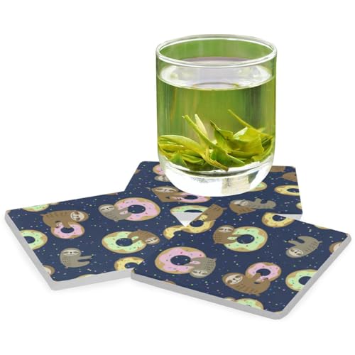 Donut Sloth Square Coasters for Drinks 4 Packs, Absorbent Heat-Resistant Ceramic Stone Coaster Desktop Protector with Cork Base for Kitchen Bar Home Decor, 3.9 Inch - Image 4