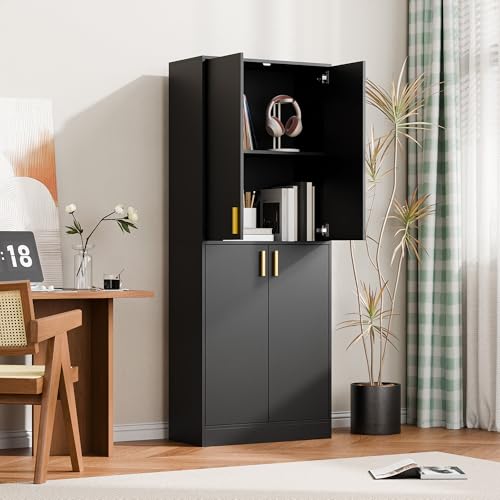 Cozy Castle Kitchen Pantry Cabinet, 71 Tall Wood Storage Cabinet with Doors and Shelves 4 Doors Freestanding Cupboard Utility Hutch for Dining Room Living Room Bathroom Furniture, Gray - Image 23