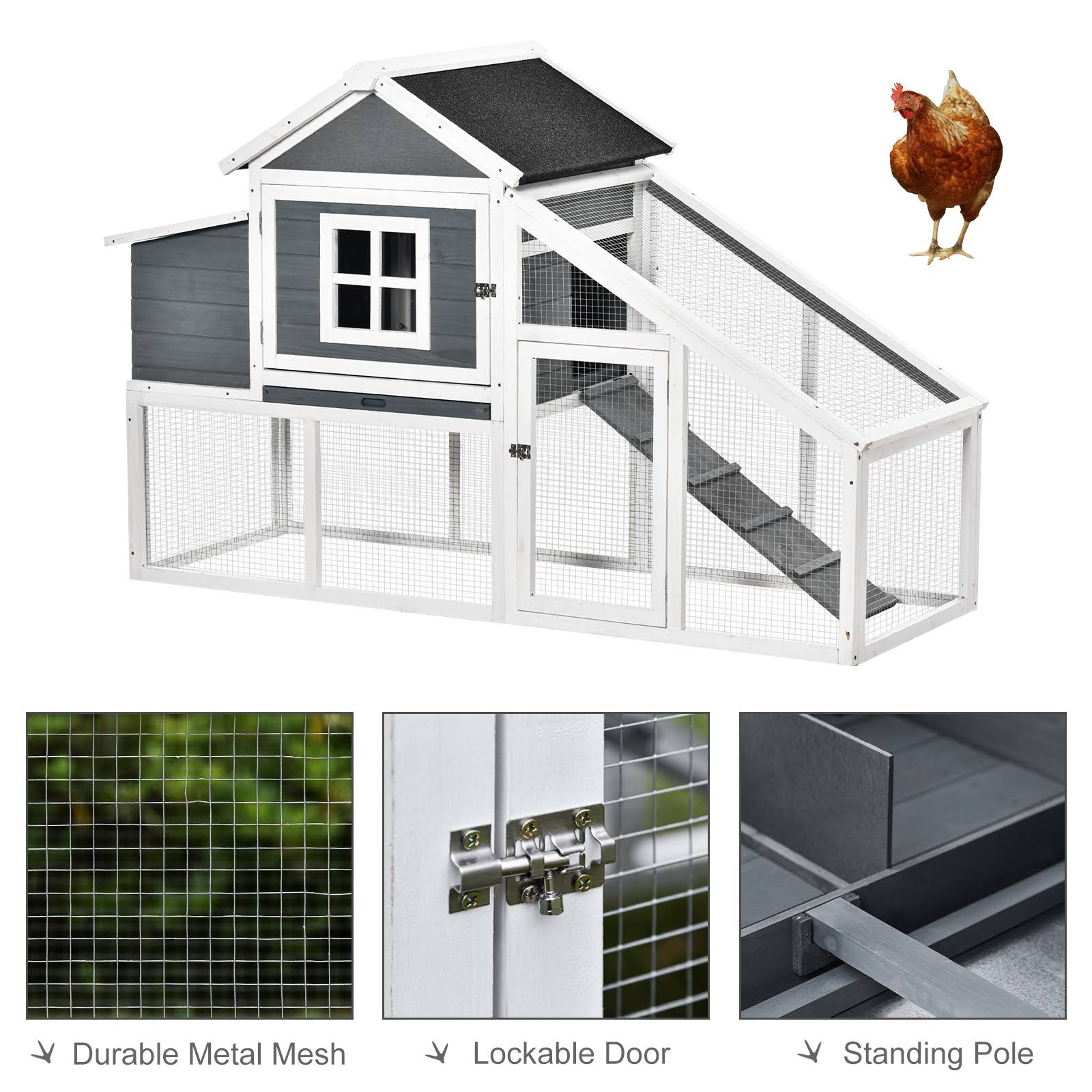 PawHut 69×22 Outdoor Wooden Chicken Coop Hen House with Nesting Box and Run – White - Image 5