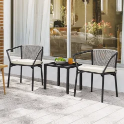 Alternative view of Dextrus 3-Piece Patio Conversation Bistro Set, Outdoor Wicker Dining Table Chairs Set, With 2 Stackable Chairs, Cushions, Side Table – White