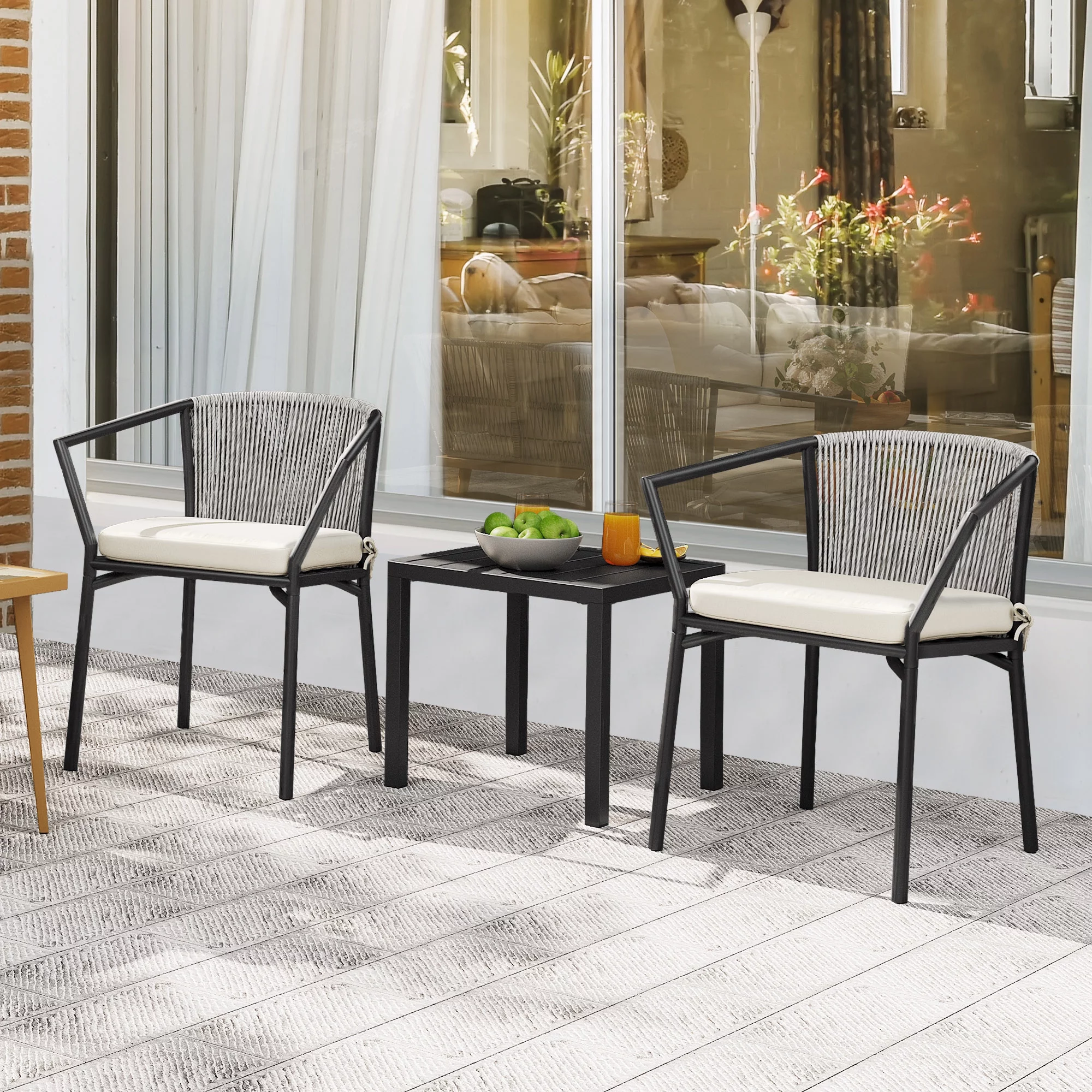Dextrus 3-Piece Patio Conversation Bistro Set, Outdoor Wicker Dining Table Chairs Set, With 2 Stackable Chairs, Cushions, Side Table – White - Image 2