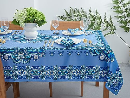 YiHomer Mykonos Blue Paisley Tile Bordered Tabletop for Spring Summer Decorations, Picnics and Dinner Parties – Indoor Outdoor, Stain and Water Resistant, Tablecloth, 60 x 84 Rectangle - Image 3