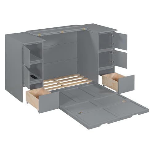 Twin Size Murphy Beds with Charging Station and Storage Drawers, Wood Cabinet Bed Frame, Wall Bed with Outlet & USB Ports for Home Office Studio, White - Image 30