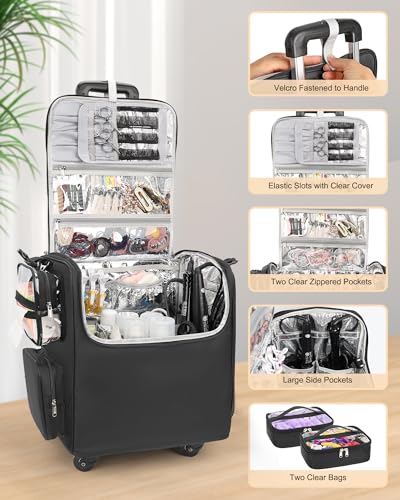 Relavel Rolling Makeup Train Case, Hairstylist Traveling Bag with 4 Wheels, Heat Insulation Full Layer, Adjustable Dividers, Hair Tools and Cosmetics Storage Organizer Trolley Suitcase Makeup Cart - Image 6
