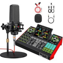 Podcast Microphone Bundle with Live Sound Card Audio Mixer, Podcast Equipment Bundle with 3.5mm Condenser Microphone for Pc/Phone Live Streaming Singing Gaming, Sound Board with Voice Changer, Denoise