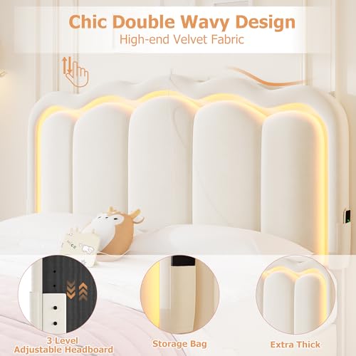 Twin Upholstered LED Bed Frame with Storage Drawer and Adjustable Chic Double Wavy Headboard, Velvet Princess Platform Bed for Kids/Girls, Solid Wood Slats Support, No Box Spring Needed, Beige - Image 7