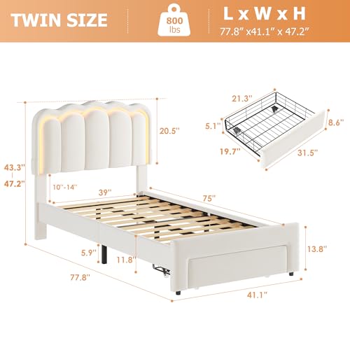 Twin Upholstered LED Bed Frame with Storage Drawer and Adjustable Chic Double Wavy Headboard, Velvet Princess Platform Bed for Kids/Girls, Solid Wood Slats Support, No Box Spring Needed, Beige - Image 70