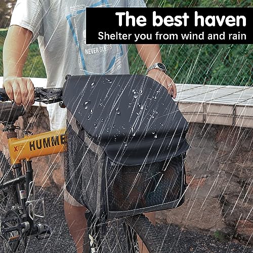 Dog Bike Basket Carrier, Pet Bicycle Front Carrier Backpack for Bike Riding Foldable Removable, Reflective Strips, 2 Side Storage Pockets, Pet Travel Bag for Cats Small Dogs - Image 3