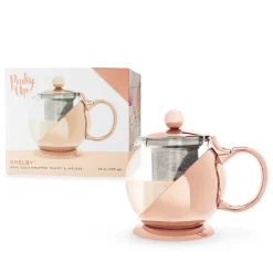 Pinky Up Rose Gold Wrapped Teapot – Tea Clear Glass Pot with Infuser Strainer and Tea Kettle for Loose Tea, 24 Oz