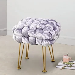 Retro Green Soft Upholstered Ottoman Entryway Bench Seat 16x16x16 Sturdy Accent Coffee Table for Living Room Make Up Vanity Fluffy Shoe Stool with Golden Legs for Bedroom C
